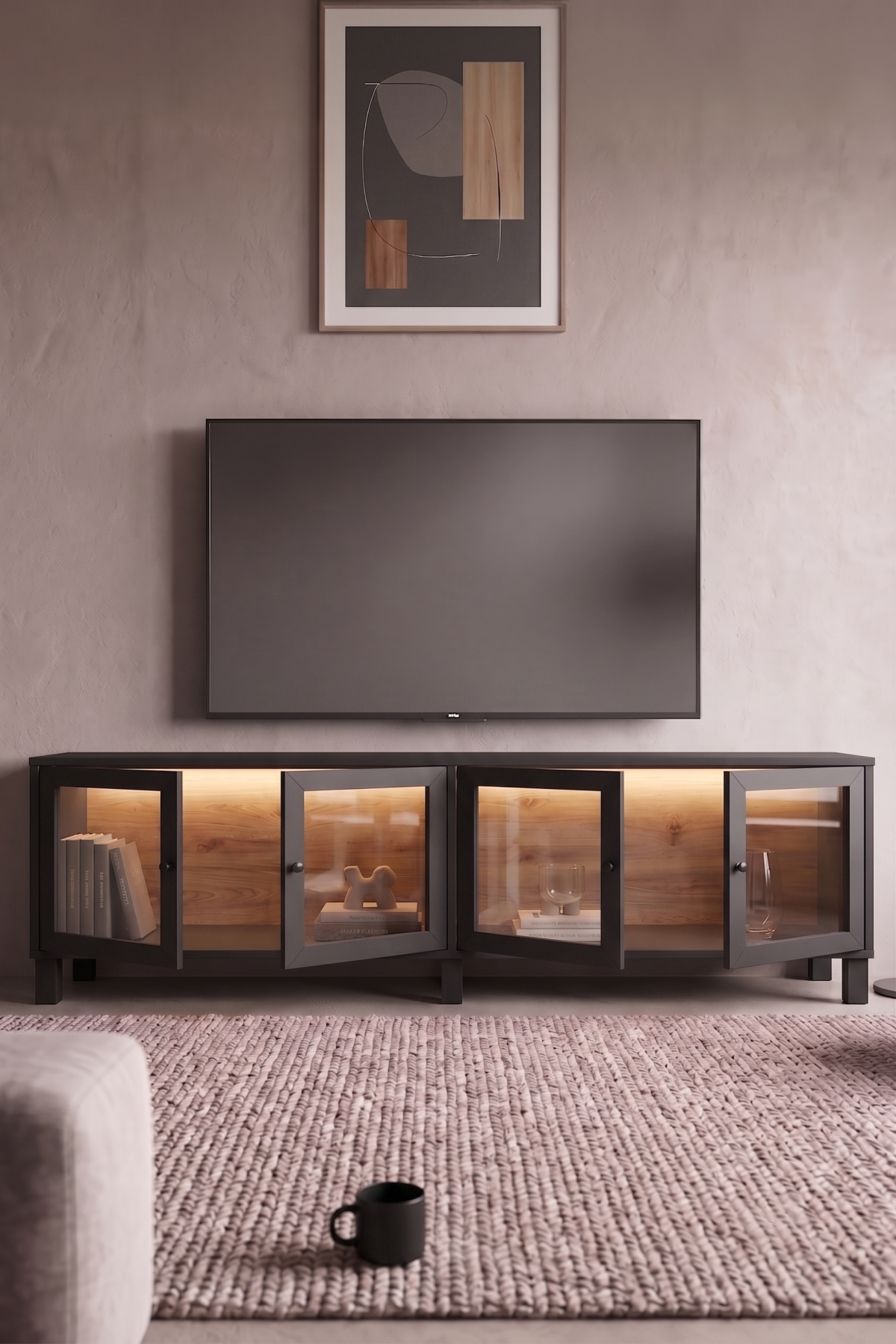 Yoda Temperli Cam Kapaklı Neon Led Işıklı Tv Ünitesi Tv Sehpası Vitrin Ahşap Ayaklı Siyah YD14-SB