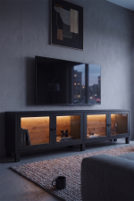 Yoda Temperli Cam Kapaklı Neon Led Işıklı Tv Ünitesi Tv Sehpası Vitrin Ahşap Ayaklı Siyah YD14-SB