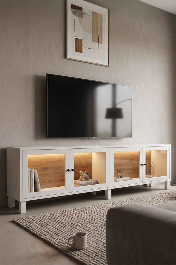 Yoda Temperli Cam Kapaklı Neon Led Işıklı Tv Ünitesi Tv Sehpası Vitrin Ahşap Ayaklı Siyah YD14-SB