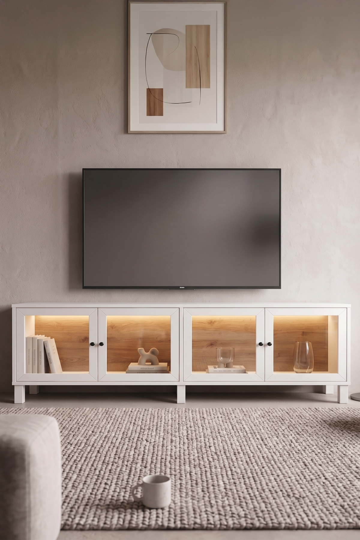 Yoda Temperli Cam Kapaklı Neon Led Işıklı Tv Ünitesi Tv Sehpası Vitrin Ahşap Ayaklı Siyah YD14-SB