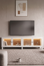 Yoda Temperli Cam Kapaklı Neon Led Işıklı Tv Ünitesi Tv Sehpası Vitrin Ahşap Ayaklı Siyah YD14-SB