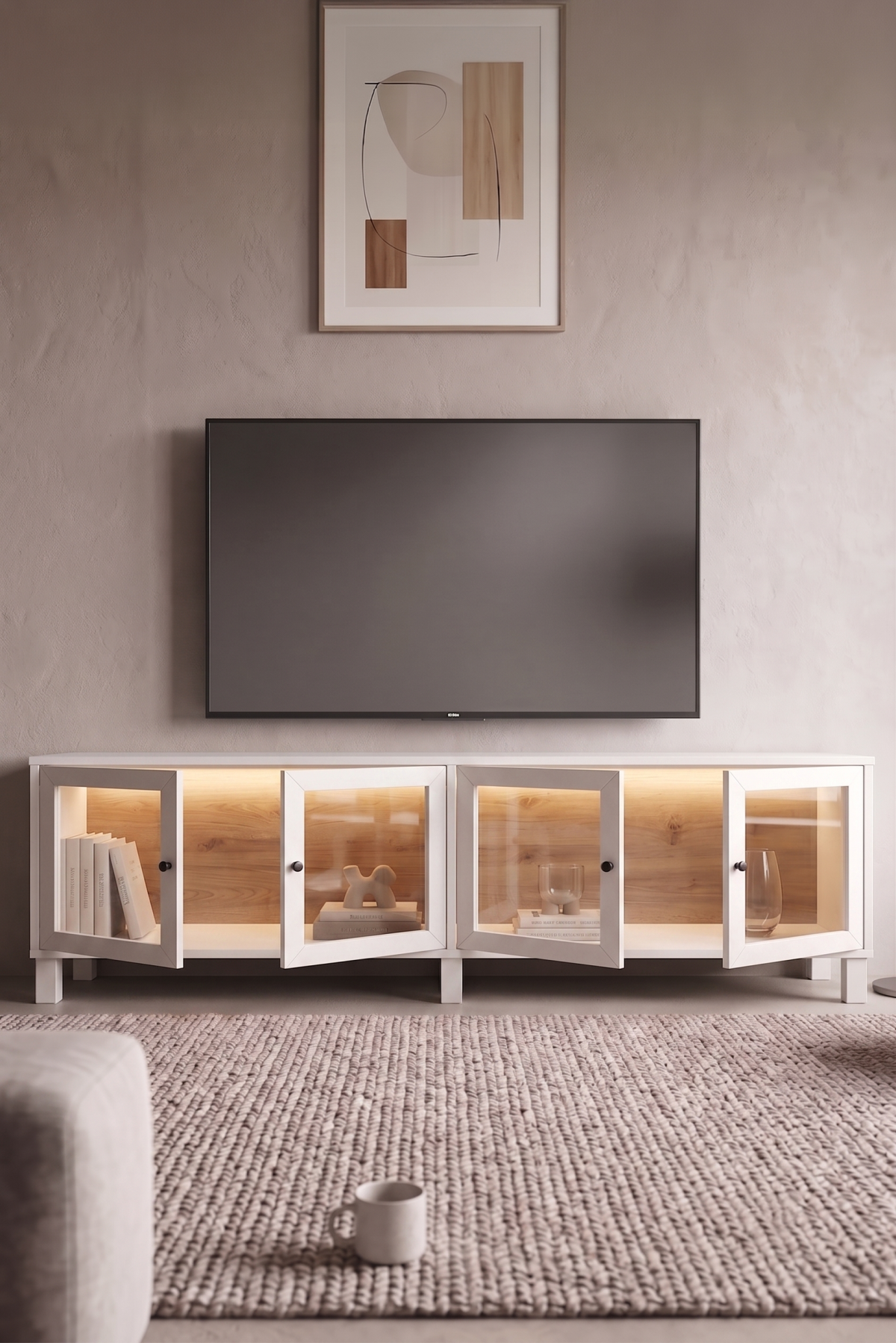 Yoda Temperli Cam Kapaklı Neon Led Işıklı Tv Ünitesi Tv Sehpası Vitrin Ahşap Ayaklı Siyah YD14-SB