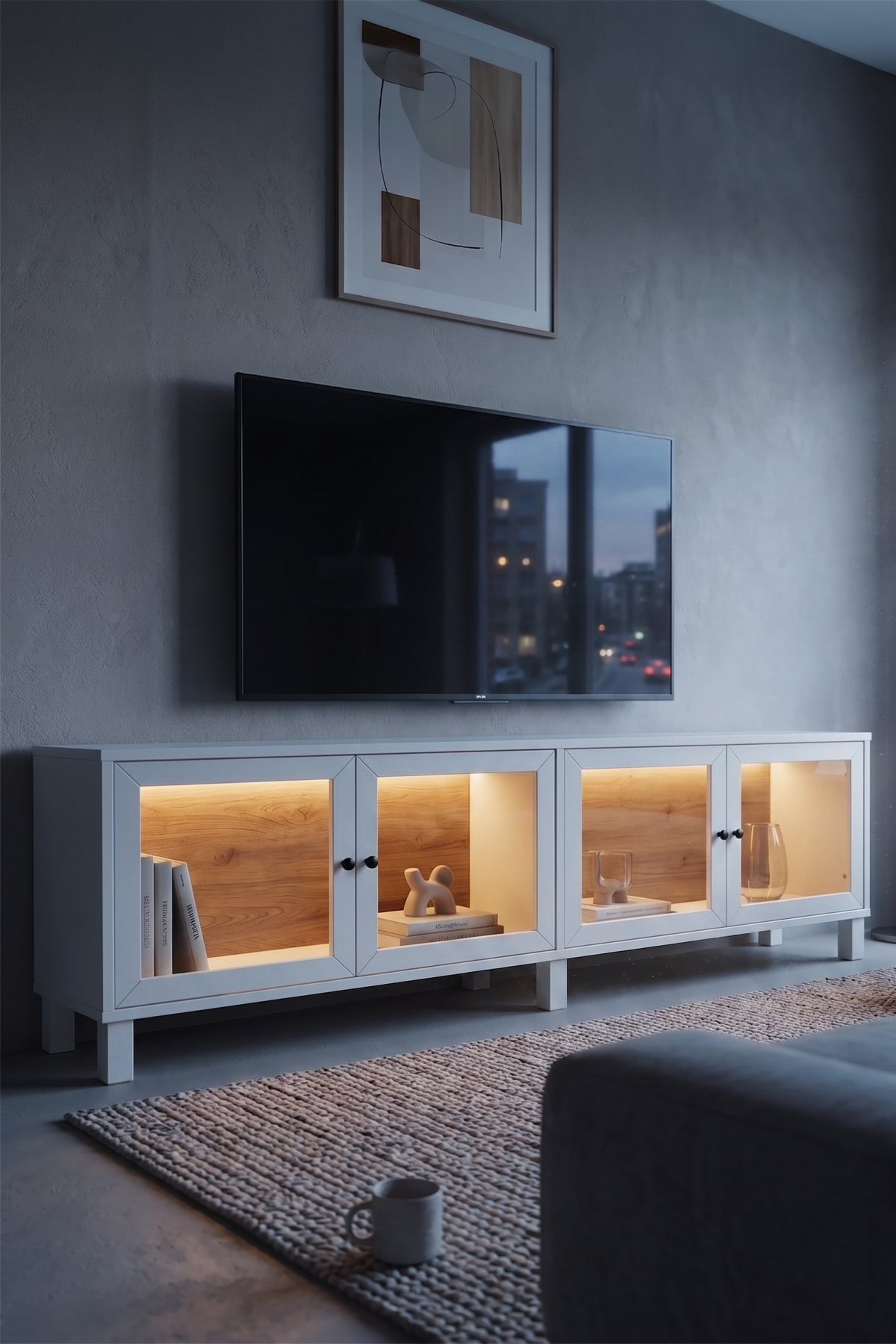 Yoda Temperli Cam Kapaklı Neon Led Işıklı Tv Ünitesi Tv Sehpası Vitrin Ahşap Ayaklı Siyah YD14-SB