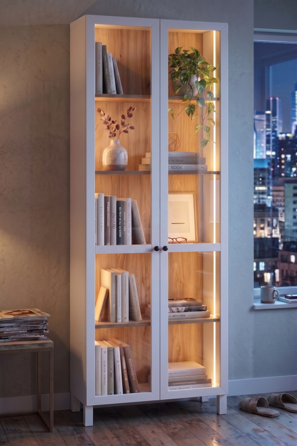 Yoda Temperli Cam Kapaklı Neon Led Işıklı Vitrin Büfe Kitaplık Ahşap Ayaklı 5 Raflı Sepet-Beyaz 183cm YD6-SW