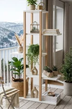 Blom Saksılık Saksı Standı Dekoratif Çiçeklik Rafı Ahşap Kayın İskelet 5 Raflı 106cm Beyaz BL1-WK