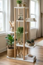 Blom Saksılık Saksı Standı Dekoratif Çiçeklik Rafı Ahşap Kayın İskelet 5 Raflı 106cm Beyaz BL1-WK