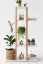 Blom Saksılık Saksı Standı Dekoratif Çiçeklik Rafı Ahşap Kayın İskelet 5 Raflı 106cm Beyaz BL1-WK