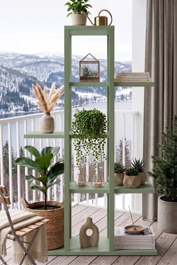 Blom Saksılık Saksı Standı Dekoratif Çiçeklik Rafı Ahşap Kayın İskelet 5 Raflı 106cm Ihlamur Yeşili BL1-Y