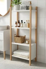 Blom Banyo Rafı Düzenleyici Banyo Dolabı Kitaplık 4 Raf Ahşap İskelet 102cm Beyaz- Kayın BL2-WK