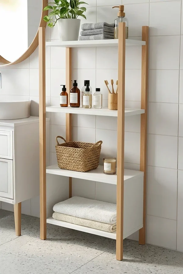 Blom Banyo Rafı Düzenleyici Banyo Dolabı Kitaplık 4 Raf Ahşap İskelet 102cm Beyaz- Kayın BL2-WK