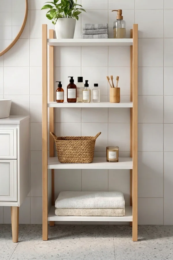 Blom Banyo Rafı Düzenleyici Banyo Dolabı Kitaplık 4 Raf Ahşap İskelet 102cm Beyaz- Kayın BL2-WK