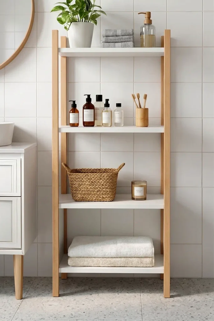Blom Banyo Rafı Düzenleyici Banyo Dolabı Kitaplık 4 Raf Ahşap İskelet 102cm Beyaz- Kayın BL2-WK