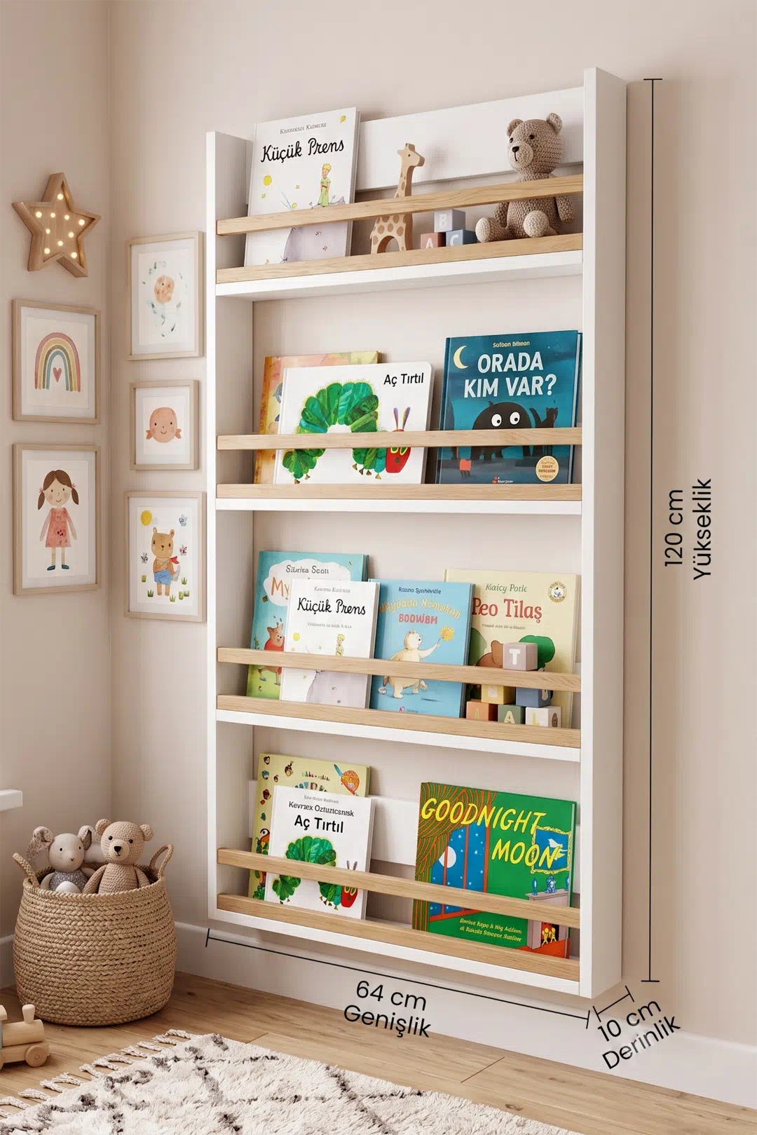 Blom 4 Raflı Montessori Çocuk Odası Kitaplığı Rafı 120x64x10cm Kayın Ahşap Çıta Beyaz-Kayın BL4-WK Blom 4 Raflı Montessori Çocuk Odası Kitaplığı Rafı 120x64x10cm Kayın Ahşap Çıta Beyaz-Kayın BL4-WK