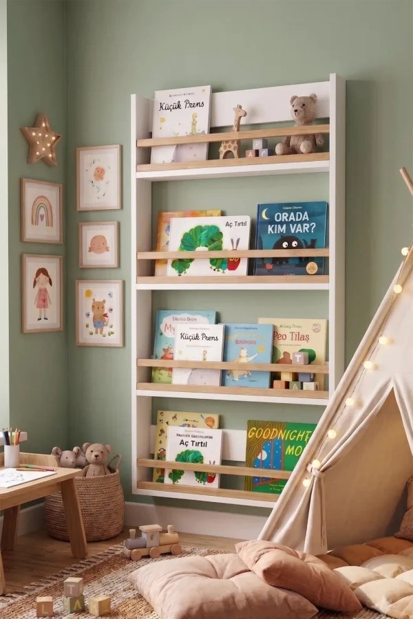 Blom 4 Raflı Montessori Çocuk Odası Kitaplığı Rafı 120x64x10cm Kayın Ahşap Çıta Beyaz-Kayın BL4-WK