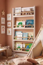 Blom 4 Raflı Montessori Çocuk Odası Kitaplığı Rafı 120x64x10cm Kayın Ahşap Çıta Beyaz-Kayın BL4-WK