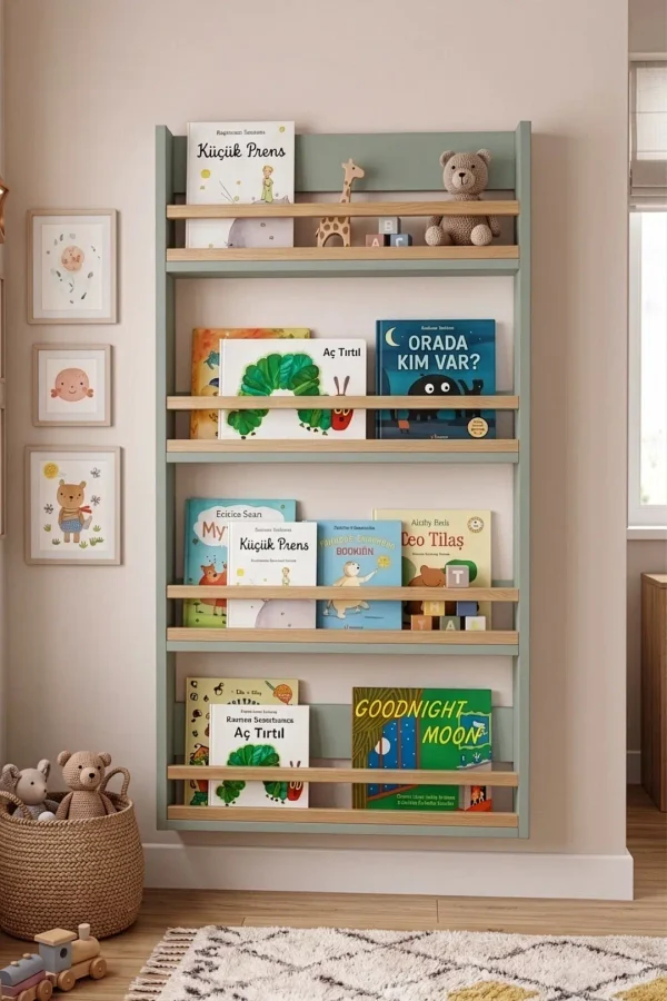 Blom 4 Raflı Montessori Çocuk Odası Kitaplığı Rafı 120x64x10cm Kayın Ahşap Çıta Ihlamur Yeşili-Kayın BL4-YK