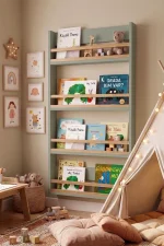 Blom 4 Raflı Montessori Çocuk Odası Kitaplığı Rafı 120x64x10cm Kayın Ahşap Çıta Ihlamur Yeşili-Kayın BL4-YK