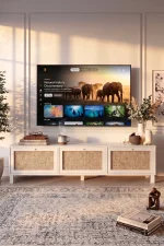 Dune Tv Ünitesi Sehpası Ahşap Ayaklı 3 Ahşap Jüt Kapaklı 180cm Beyaz-Jüt DN2-WJ