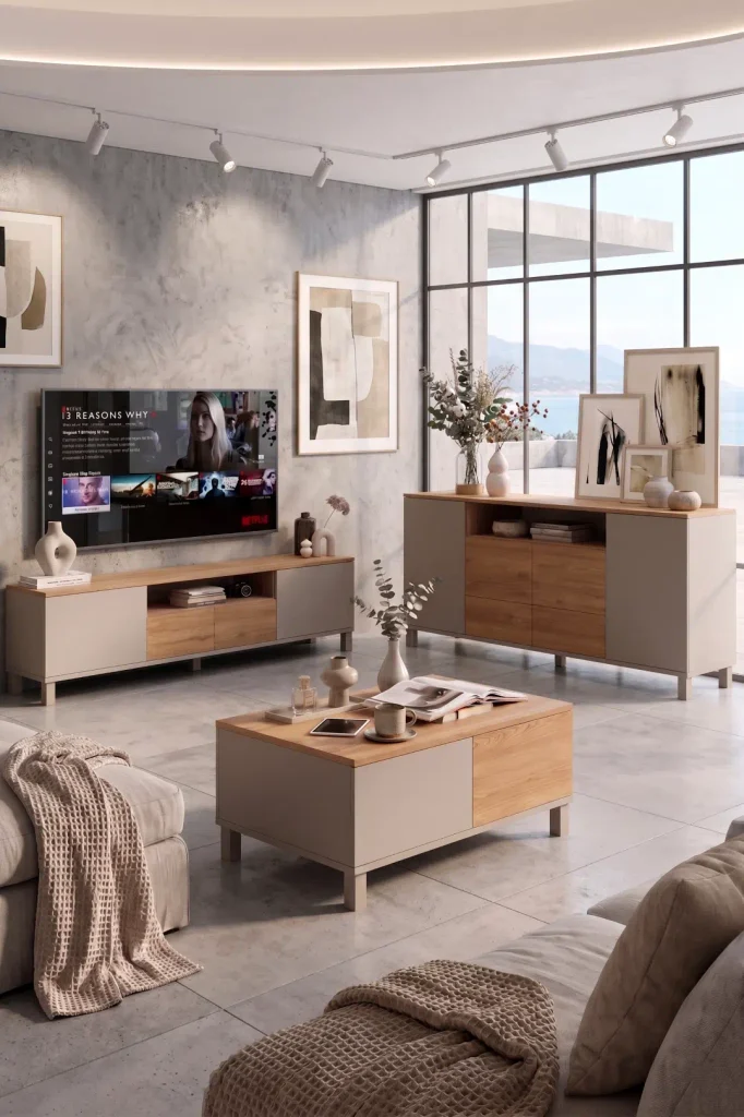 Mood Tv Ünitesi Orta Sehpa Konsol 3'Lü Set Ahşap Ayaklı Kumsal-Sepet MD8-CS