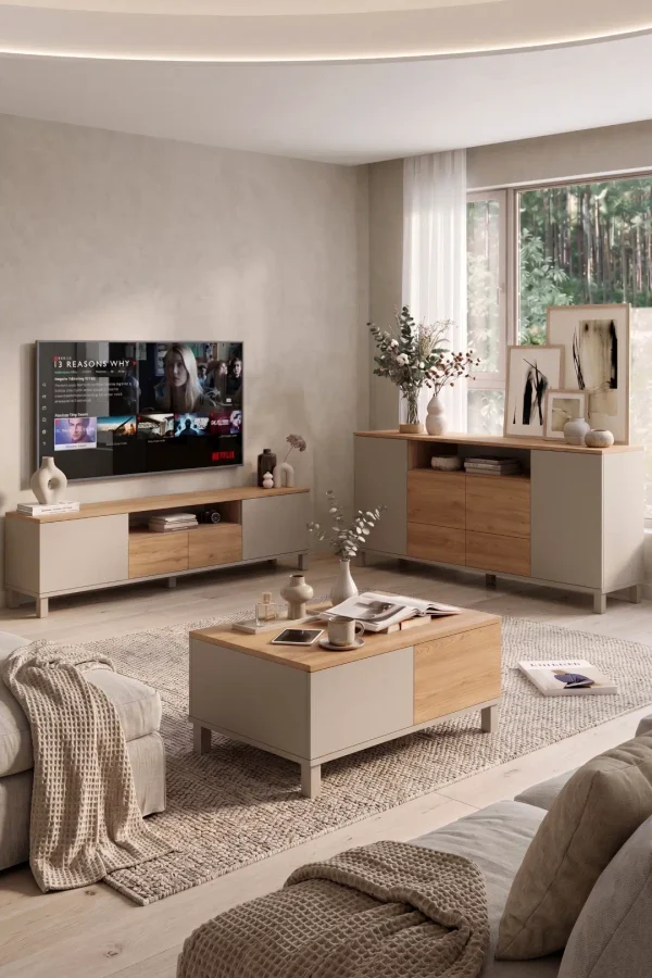 Mood Tv Ünitesi Orta Sehpa Konsol 3'Lü Set Ahşap Ayaklı Kumsal-Sepet MD8-CS