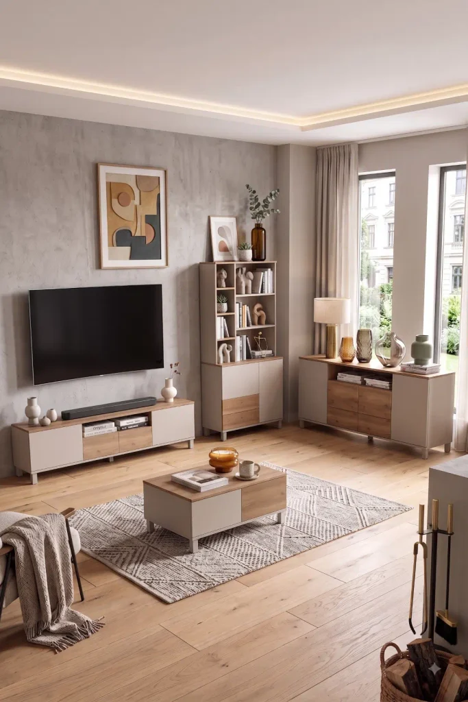 Mood Tv Ünitesi Orta Sehpa Konsol Kitaplık 4'Lü Set Ahşap Ayaklı Kumsal-Sepet MD9-CS