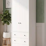 Noren Gardırop Elbise Dolabı 52cm Derinlik 2 Kapak 3 Çekmece Bebek ve Çocuk Odası Beyaz NR5-W
