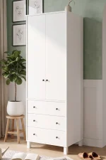 Noren Gardırop Elbise Dolabı 52cm Derinlik 2 Kapak 3 Çekmece Bebek ve Çocuk Odası Beyaz NR5-W