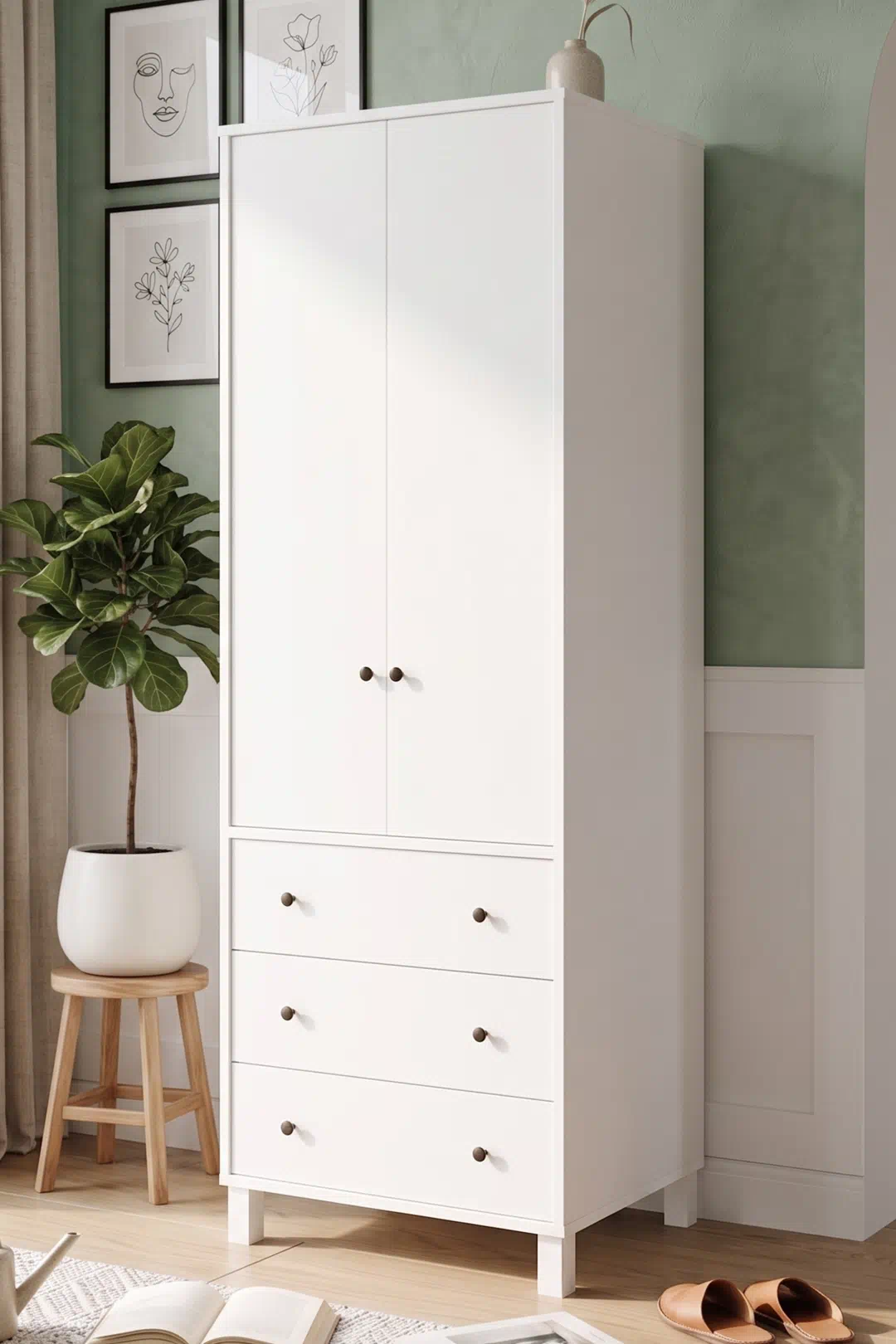 Noren Gardırop Elbise Dolabı 52cm Derinlik 2 Kapak 3 Çekmece Bebek ve Çocuk Odası Beyaz NR5-W Noren Gardırop Elbise Dolabı 52cm Derinlik 2 Kapak 3 Çekmece Bebek ve Çocuk Odası Beyaz NR5-W