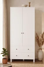 Noren Gardırop Elbise Dolabı 52cm Derinlik 2 Kapak 2 Çekmece Genç ve Çocuk Odası Beyaz NR6-W