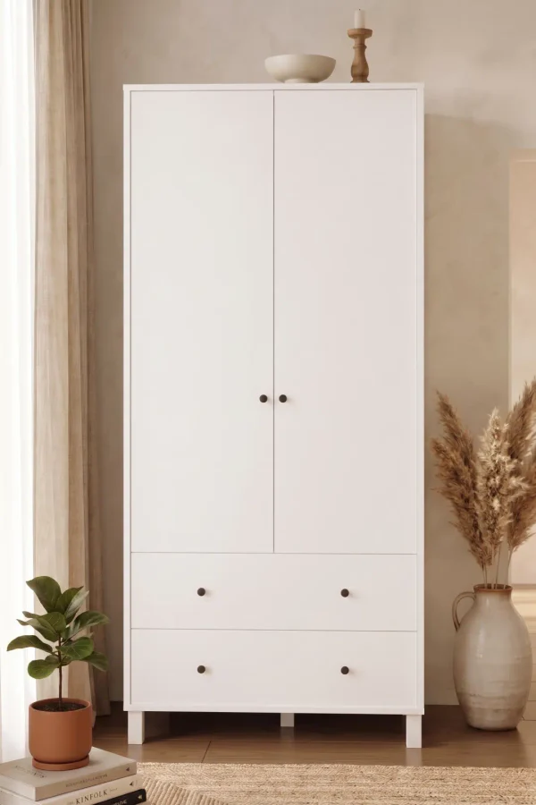 Noren Gardırop Elbise Dolabı 52cm Derinlik 2 Kapak 2 Çekmece Genç ve Çocuk Odası Beyaz NR6-W