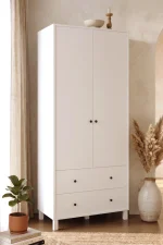 Noren Gardırop Elbise Dolabı 52cm Derinlik 2 Kapak 2 Çekmece Genç ve Çocuk Odası Beyaz NR6-W