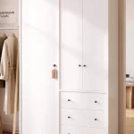 Noren Geniş Gardırop Elbise Dolabı 52cm Derinlik 3 Kapaklı 3 Çekmeceli Genç ve Çocuk Odası Beyaz NR7-W