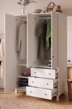 Noren Geniş Gardırop Elbise Dolabı 52cm Derinlik 3 Kapaklı 3 Çekmeceli Genç ve Çocuk Odası Beyaz NR7-W
