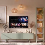 Puda 3 Kapaklı Tv Ünitesi Neon Ledli Kitaplık Seti 180cm Ahşap Ayaklı Ihlamur Yeşili PD1-SY
