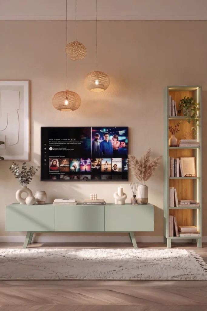 Puda 3 Kapaklı Tv Ünitesi Neon Ledli Kitaplık Seti 180cm Ahşap Ayaklı Ihlamur Yeşili PD1-SY