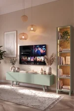 Puda 3 Kapaklı Tv Ünitesi Neon Ledli Kitaplık Seti 180cm Ahşap Ayaklı Ihlamur Yeşili PD1-SY