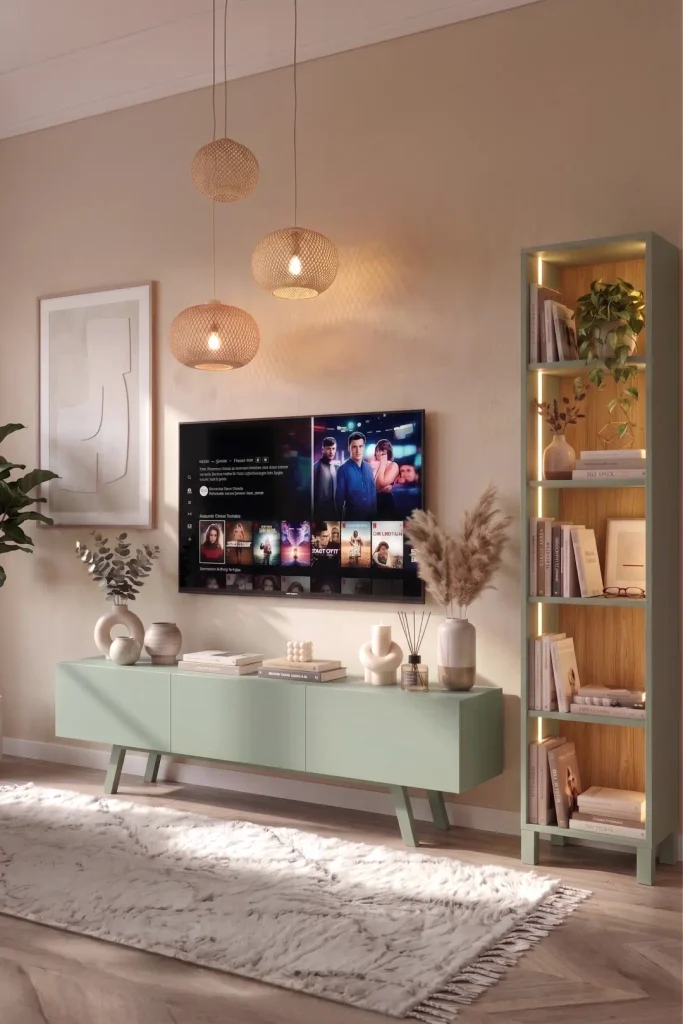 Puda 3 Kapaklı Tv Ünitesi Neon Ledli Kitaplık Seti 180cm Ahşap Ayaklı Ihlamur Yeşili PD1-SY