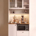 Royce Ahşap Temperli Cam Kapaklı Led Işıklı Kahve Köşesi Airfry Kiler Dolabı Çok Amaçlı Dolap Beyaz RE6-X