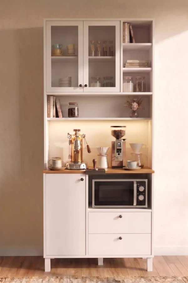 Royce Ahşap Temperli Cam Kapaklı Led Işıklı Kahve Köşesi Airfry Kiler Dolabı Çok Amaçlı Dolap Beyaz RE6-X