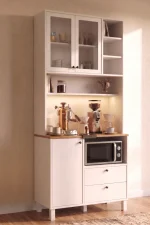 Royce Ahşap Temperli Cam Kapaklı Led Işıklı Kahve Köşesi Airfry Kiler Dolabı Çok Amaçlı Dolap Beyaz RE6-X