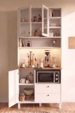 Royce Ahşap Temperli Cam Kapaklı Led Işıklı Kahve Köşesi Airfry Kiler Dolabı Çok Amaçlı Dolap Beyaz RE6-X