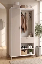 Terra Portmanto Vestiyer Ayakkabılık Kapaklı Çekmeceli Raflı Ahşap Ayaklı Beyaz-Kumsal TR1-WC