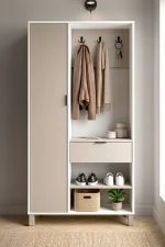 Terra Portmanto Vestiyer Ayakkabılık Kapaklı Çekmeceli Raflı Ahşap Ayaklı Beyaz-Kumsal TR1-WC