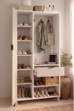 Terra Portmanto Vestiyer Ayakkabılık Kapaklı Çekmeceli Raflı Ahşap Ayaklı Beyaz-Kumsal TR1-WC