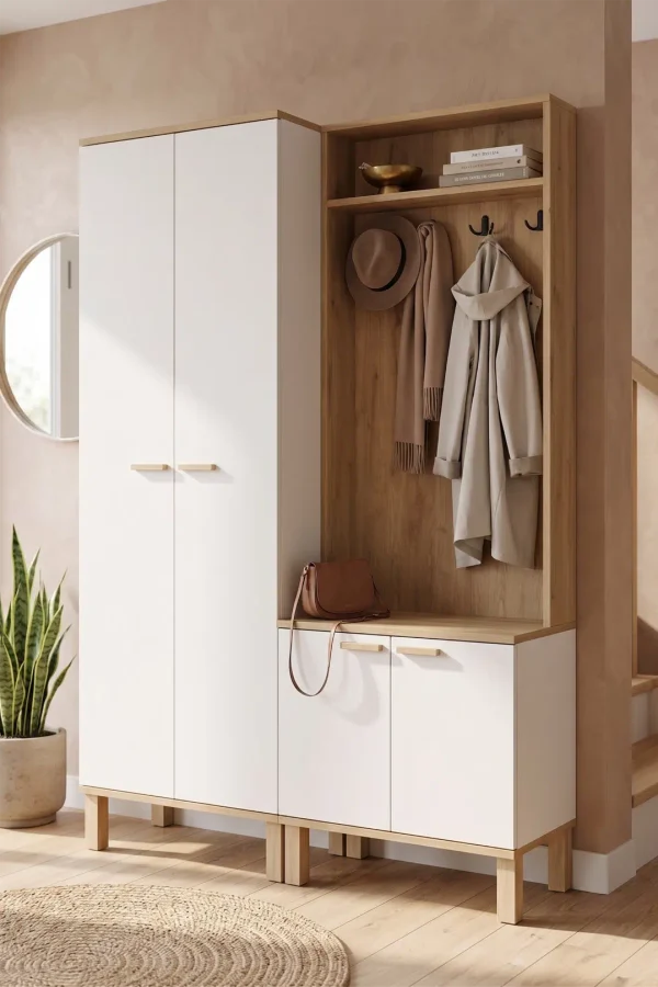 Yoda 4 Kapaklı Raflı Portmanto Vestiyer Ayakkabılık Ahşap Ayaklı 2 Modül 184cm YD10-SW