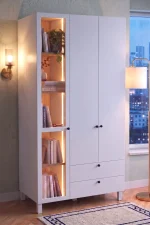 Yoda Temperli Camlı Neon Led Işıklı 3 Kapak 2 Çekmece Gardırop Elbise Dolabı Sepet-Beyaz 184cm YD12-SW