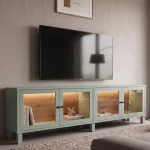 Yoda Temperli Cam Kapaklı Neon Led Işıklı Tv Ünitesi Tv Sehpası Vitrin Ahşap Ayaklı Sepet-Ihlamur Yeşili YD14-SY