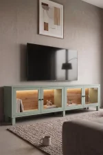 Yoda Temperli Cam Kapaklı Neon Led Işıklı Tv Ünitesi Tv Sehpası Vitrin Ahşap Ayaklı Sepet-Ihlamur Yeşili YD14-SY