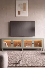 Yoda Temperli Cam Kapaklı Neon Led Işıklı Tv Ünitesi Tv Sehpası Vitrin Ahşap Ayaklı Sepet-Ihlamur Yeşili YD14-SY