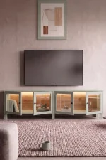 Yoda Temperli Cam Kapaklı Neon Led Işıklı Tv Ünitesi Tv Sehpası Vitrin Ahşap Ayaklı Sepet-Ihlamur Yeşili YD14-SY